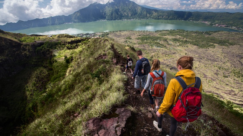 Panoramic view of Lake Batur and Mount Agung from the Mount Batur summit.